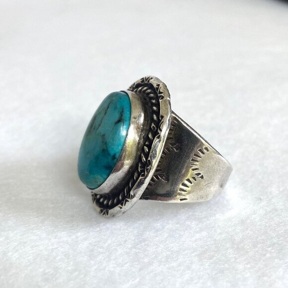 VTG Sterling Silver 925 Hemerson Brown Navajo Oval Bezel Set Turquoise Ring Sz 8 - Picture 14 of 16
